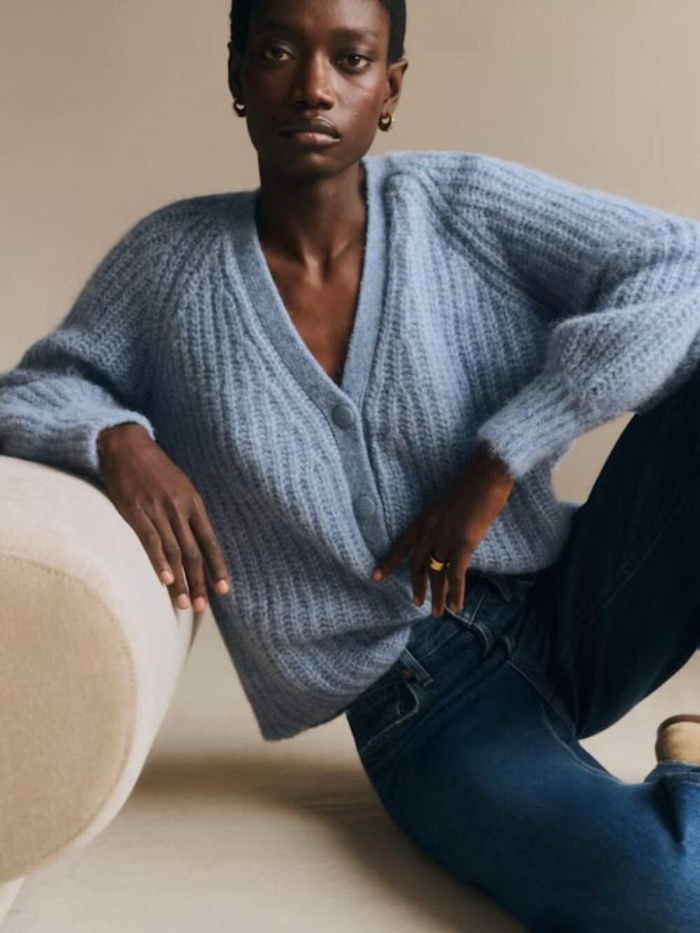 Sézane Basile Cardigan XS Vintage Blue Alpaca Wool Oversized V-Neck Sweater